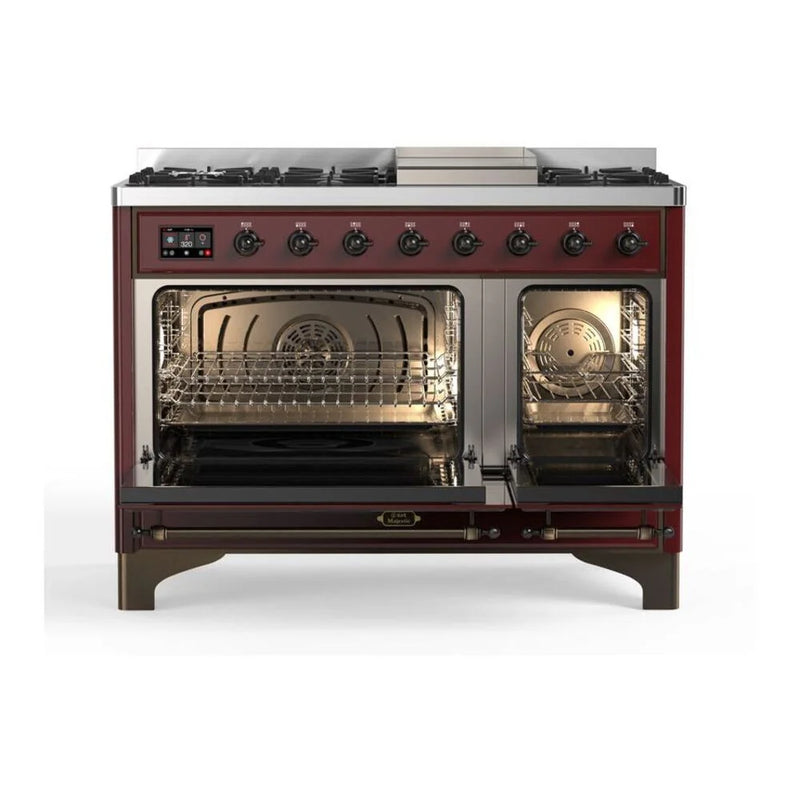 ILVE Majestic II 48" Dual Fuel Freestanding Range in Burgundy with Burnished Trim, UM12FDQNS3BUB