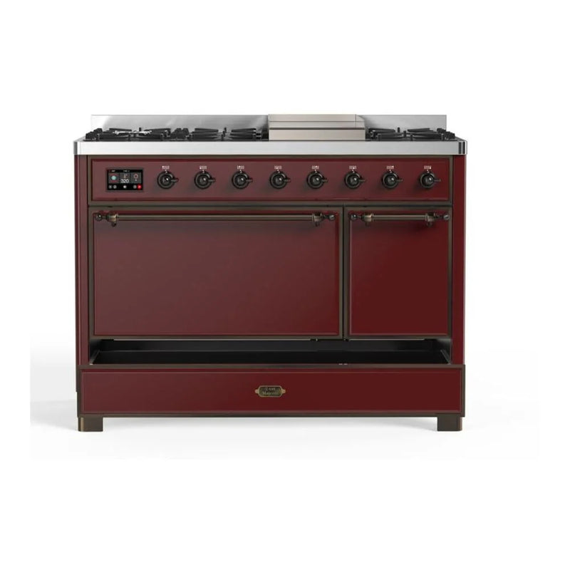 ILVE Majestic II 48" Dual Fuel Freestanding Range in Burgundy with Burnished Trim, UM12FDQNS3BUB