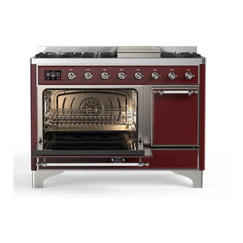 ILVE Majestic II 48" Dual Fuel Freestanding Range in Burgundy with Chrome Trim, UM12FDQNS3BUCLP