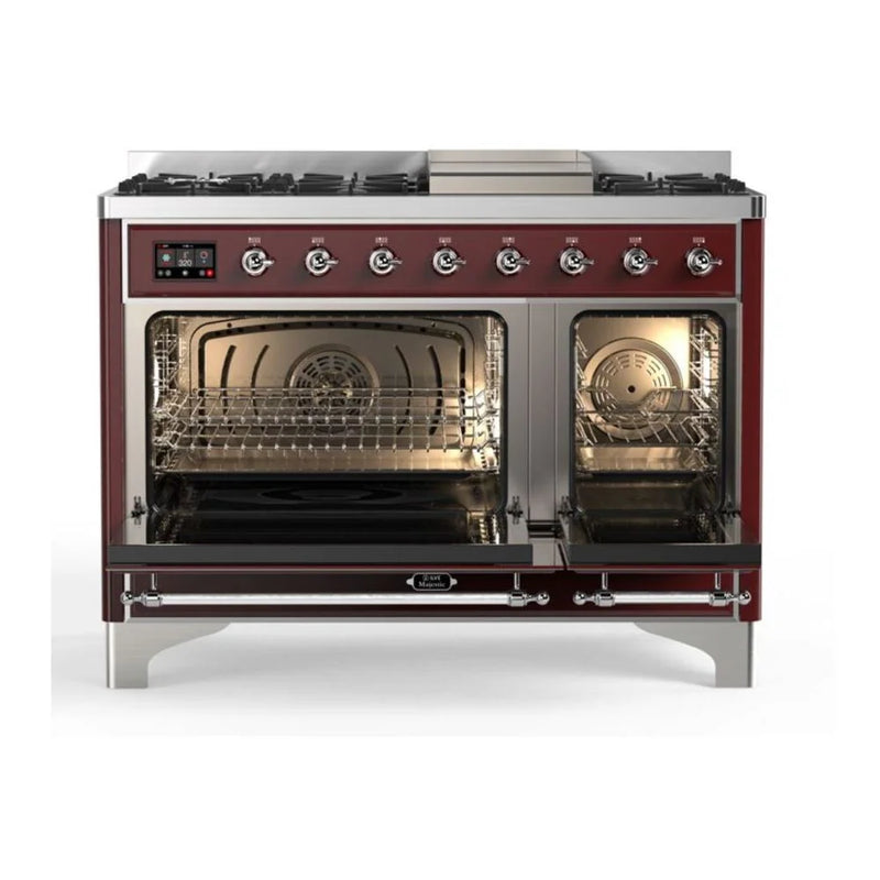 ILVE Majestic II 48" Dual Fuel Freestanding Range in Burgundy with Chrome Trim, UM12FDQNS3BUC