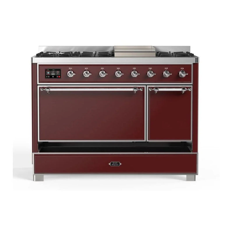 ILVE Majestic II 48" Dual Fuel Freestanding Range in Burgundy with Chrome Trim, UM12FDQNS3BUC