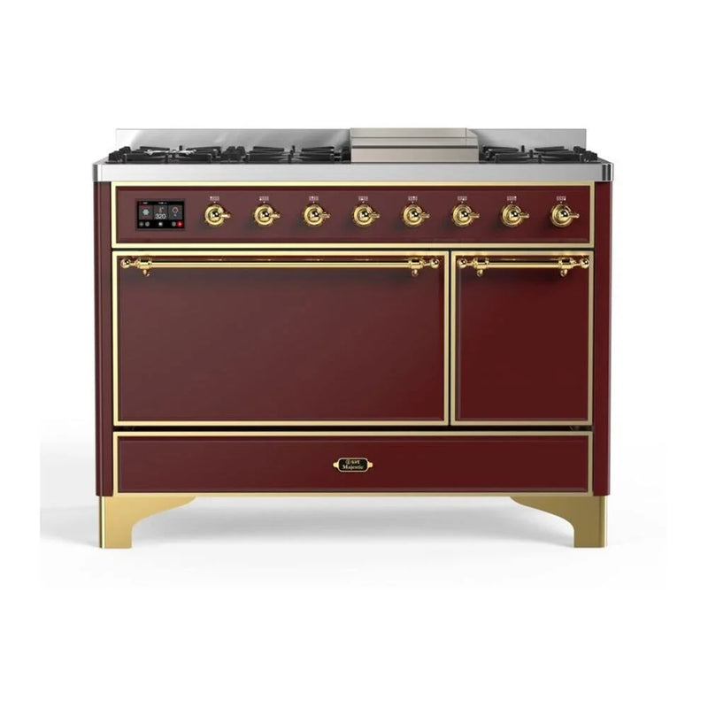 ILVE Majestic II 48" Dual Fuel Freestanding Range in Burgundy with Brass Trim, UM12FDQNS3BUGLP