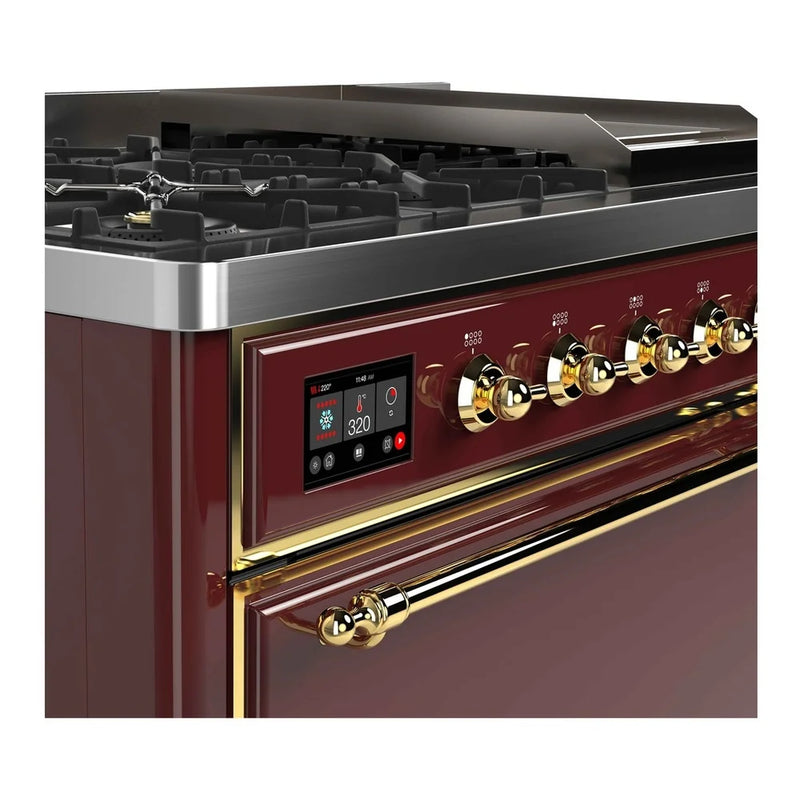 ILVE Majestic II 48" Dual Fuel Freestanding Range in Burgundy with Brass Trim, UM12FDQNS3BUGLP