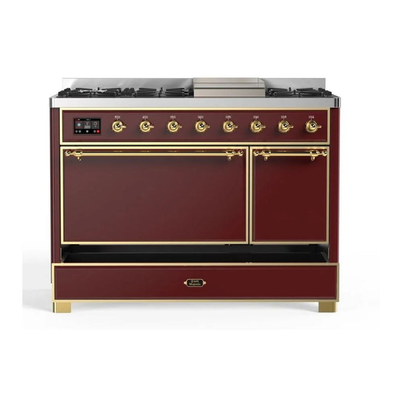 ILVE Majestic II 48" Dual Fuel Freestanding Range in Burgundy with Brass Trim, UM12FDQNS3BUGLP