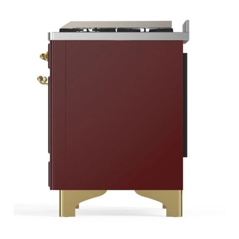 ILVE Majestic II 48" Dual Fuel Freestanding Range in Burgundy with Brass Trim, UM12FDQNS3BUGLP