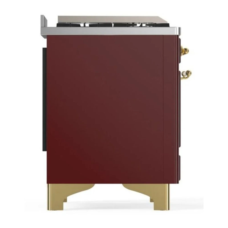 ILVE Majestic II 48" Dual Fuel Freestanding Range in Burgundy with Brass Trim, UM12FDQNS3BUGLP
