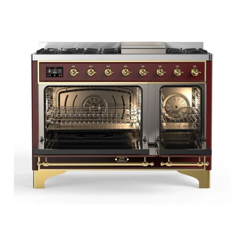 ILVE Majestic II 48" Dual Fuel Freestanding Range in Burgundy with Brass Trim, UM12FDQNS3BUG