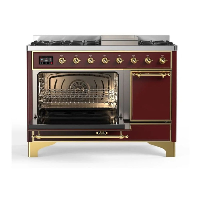 ILVE Majestic II 48" Dual Fuel Freestanding Range in Burgundy with Brass Trim, UM12FDQNS3BUG