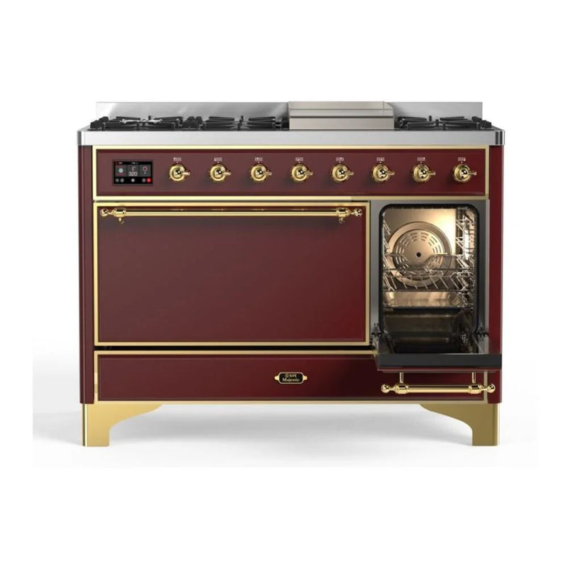 ILVE Majestic II 48" Dual Fuel Freestanding Range in Burgundy with Brass Trim, UM12FDQNS3BUG