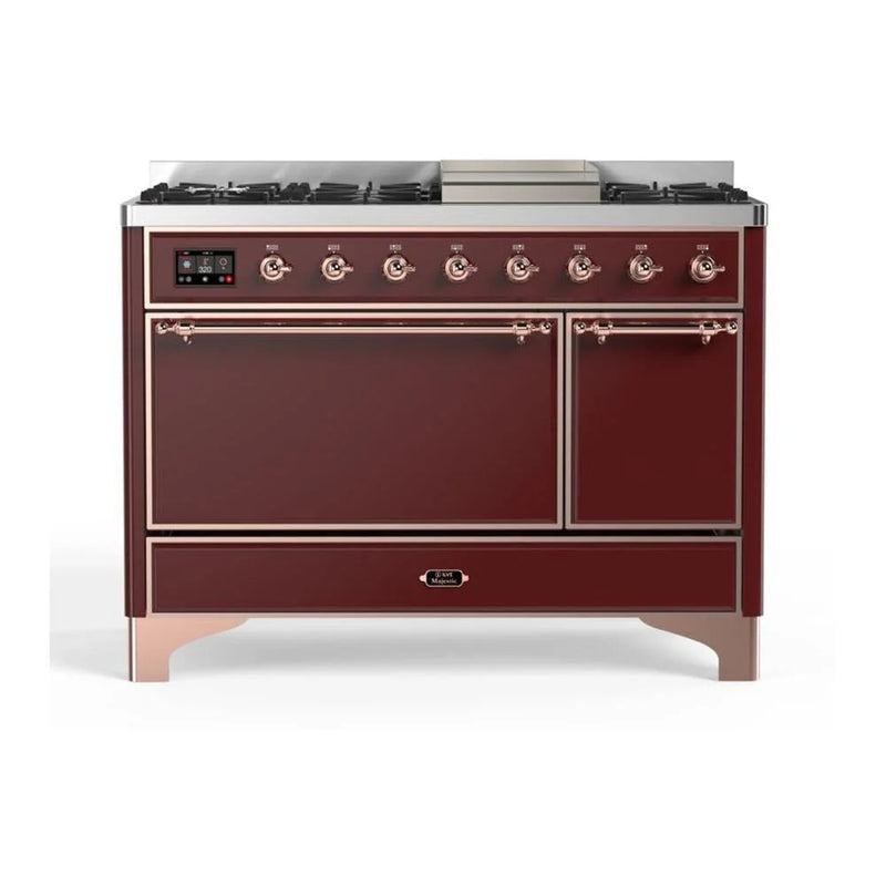 ILVE Majestic II 48" Dual Fuel Freestanding Range in Burgundy with Copper Trim, UM12FDQNS3BUPLP