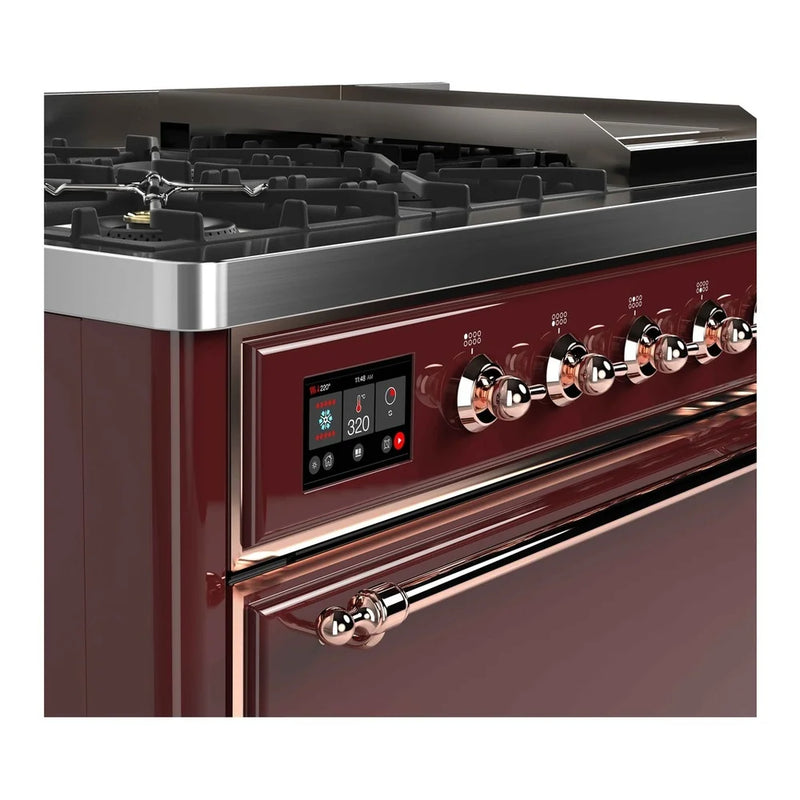 ILVE Majestic II 48" Dual Fuel Freestanding Range in Burgundy with Copper Trim, UM12FDQNS3BUP