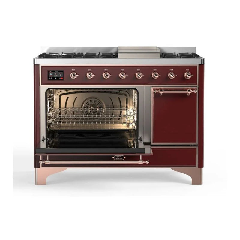 ILVE Majestic II 48" Dual Fuel Freestanding Range in Burgundy with Copper Trim, UM12FDQNS3BUP
