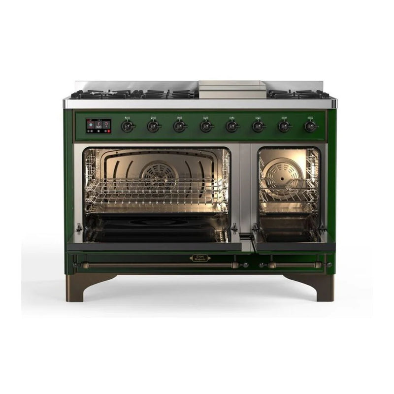 ILVE Majestic II 48" Dual Fuel Freestanding Range in Emerald Green with Burnished Trim, UM12FDQNS3EGB
