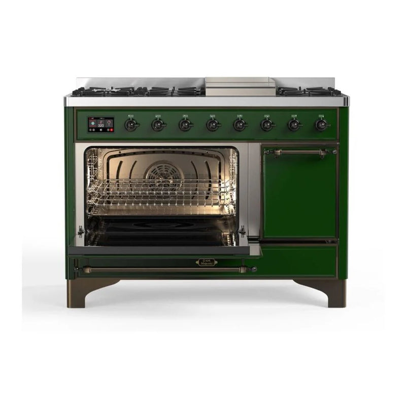 ILVE Majestic II 48" Dual Fuel Freestanding Range in Emerald Green with Burnished Trim, UM12FDQNS3EGB