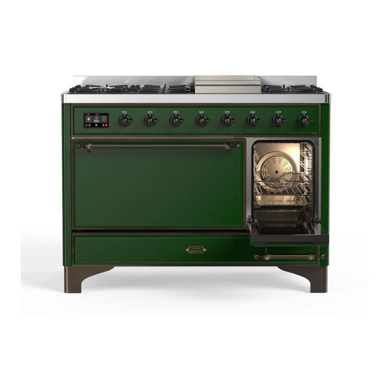 ILVE Majestic II 48" Dual Fuel Freestanding Range in Emerald Green with Burnished Trim, UM12FDQNS3EGB