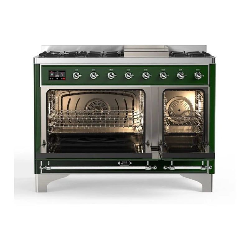 ILVE Majestic II 48" Dual Fuel Freestanding Range in Emerald Green with Chrome Trim, UM12FDQNS3EGC