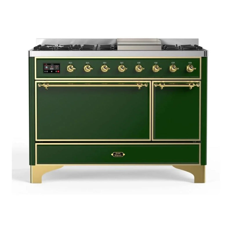 ILVE Majestic II 48" Dual Fuel Freestanding Range in Emerald Green with Brass Trim, UM12FDQNS3EGGLP