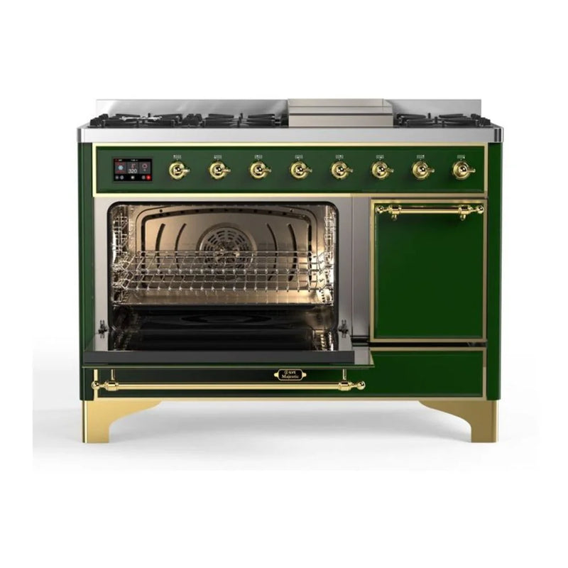 ILVE Majestic II 48" Dual Fuel Freestanding Range in Emerald Green with Brass Trim, UM12FDQNS3EGGLP