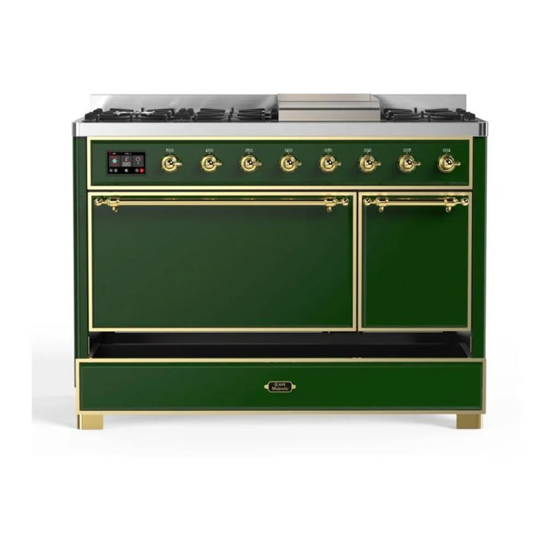 ILVE Majestic II 48" Dual Fuel Freestanding Range in Emerald Green with Brass Trim, UM12FDQNS3EGGLP