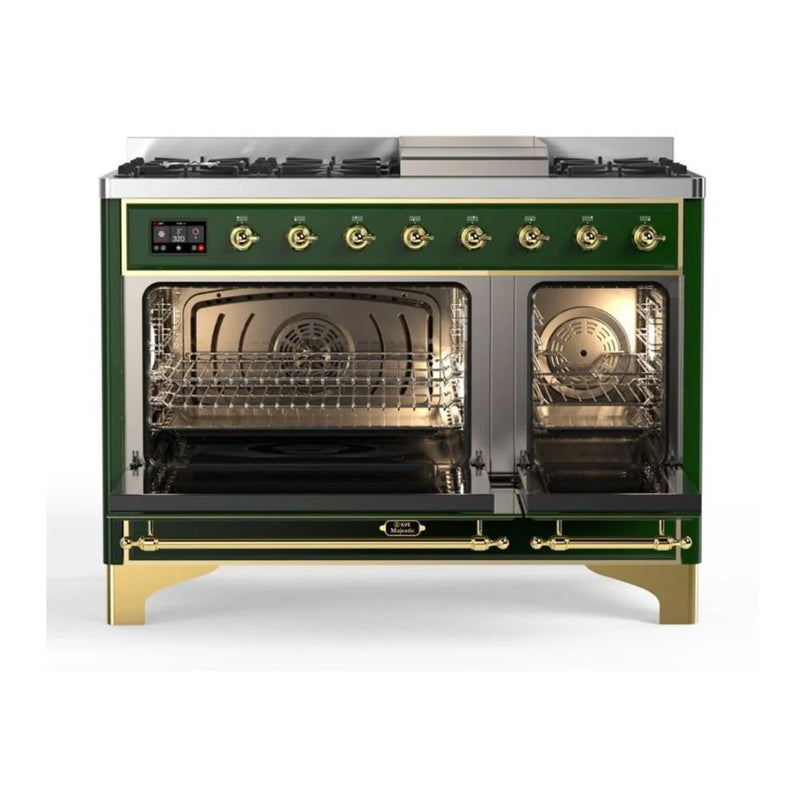 ILVE Majestic II 48" Dual Fuel Freestanding Range in Emerald Green with Brass Trim, UM12FDQNS3EGG