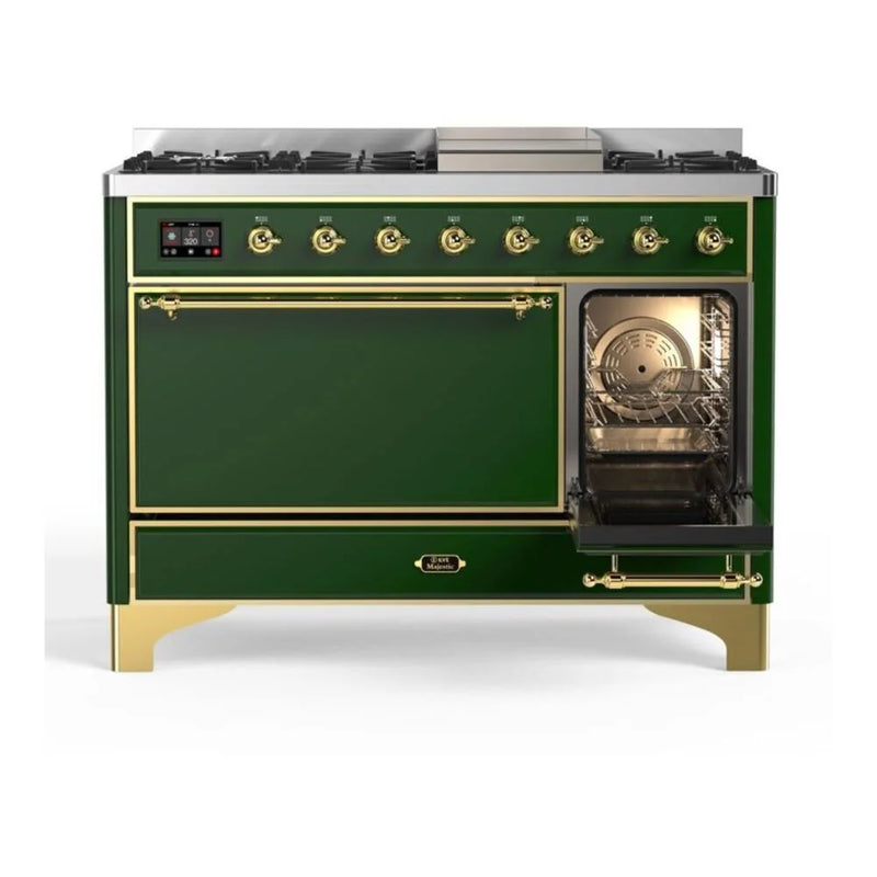 ILVE Majestic II 48" Dual Fuel Freestanding Range in Emerald Green with Brass Trim, UM12FDQNS3EGG