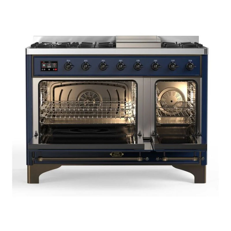 ILVE Majestic II 48" Dual Fuel Freestanding Range in Midnight Blue with Burnished Trim, UM12FDQNS3MBBLP