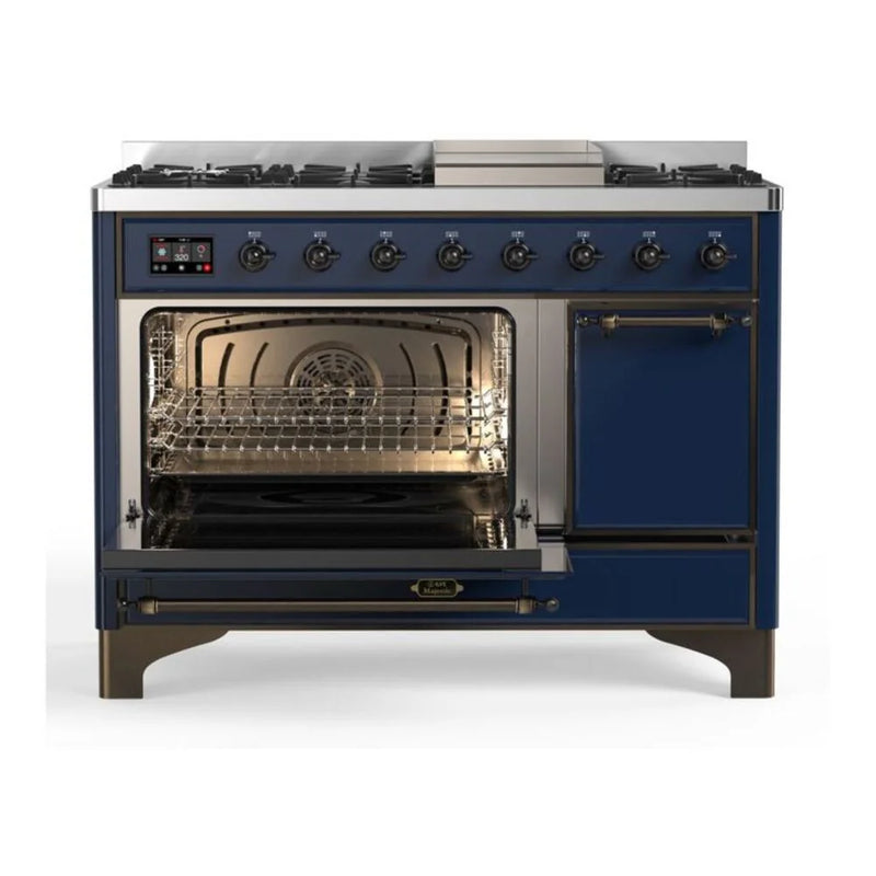 ILVE Majestic II 48" Dual Fuel Freestanding Range in Midnight Blue with Burnished Trim, UM12FDQNS3MBBLP