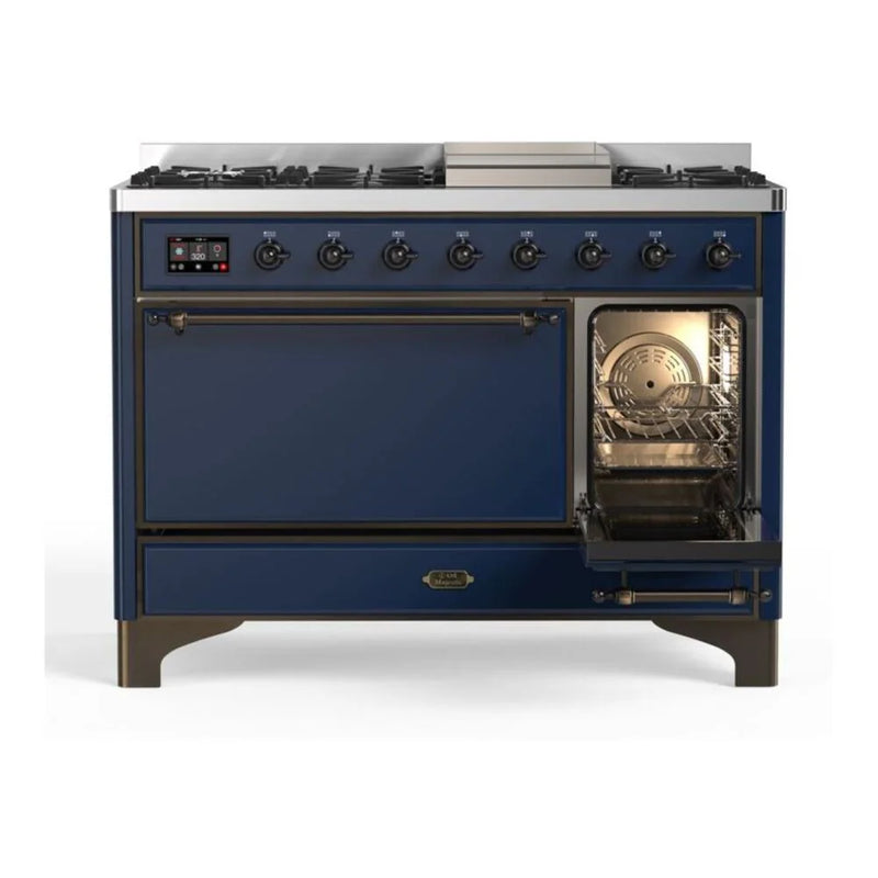 ILVE Majestic II 48" Dual Fuel Freestanding Range in Midnight Blue with Burnished Trim, UM12FDQNS3MBBLP