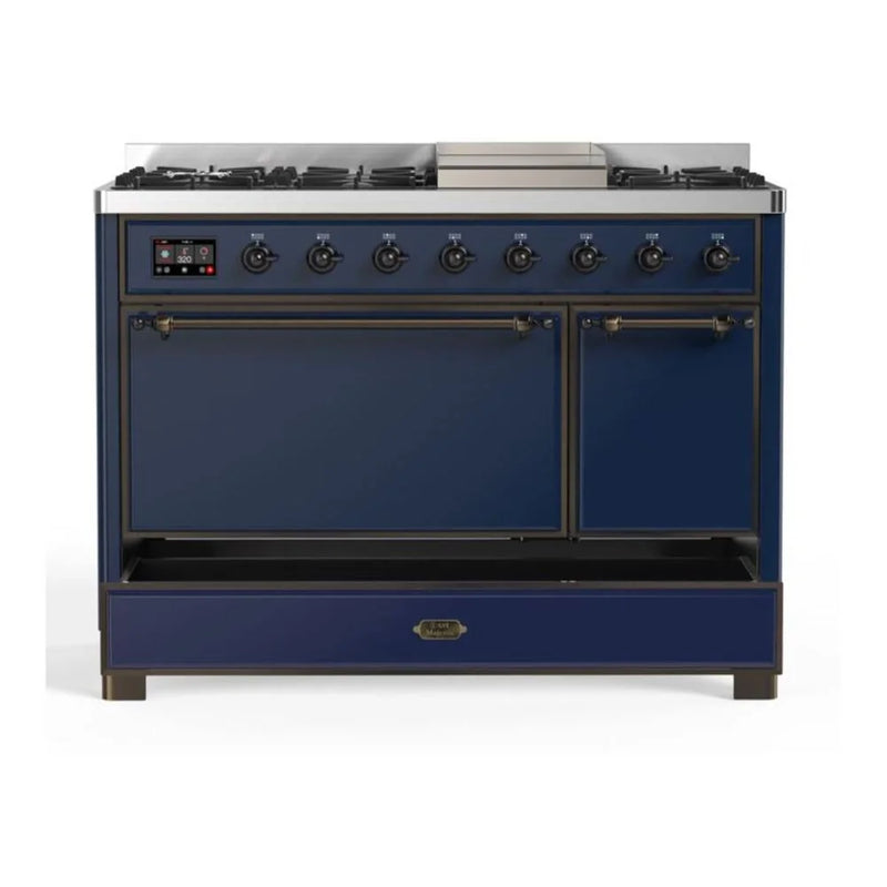 ILVE Majestic II 48" Dual Fuel Freestanding Range in Midnight Blue with Burnished Trim, UM12FDQNS3MBBLP