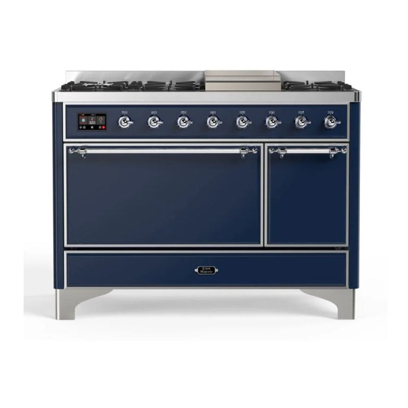 ILVE Majestic II 48" Dual Fuel Freestanding Range in Midnight Blue with Chrome Trim, UM12FDQNS3MBCLP
