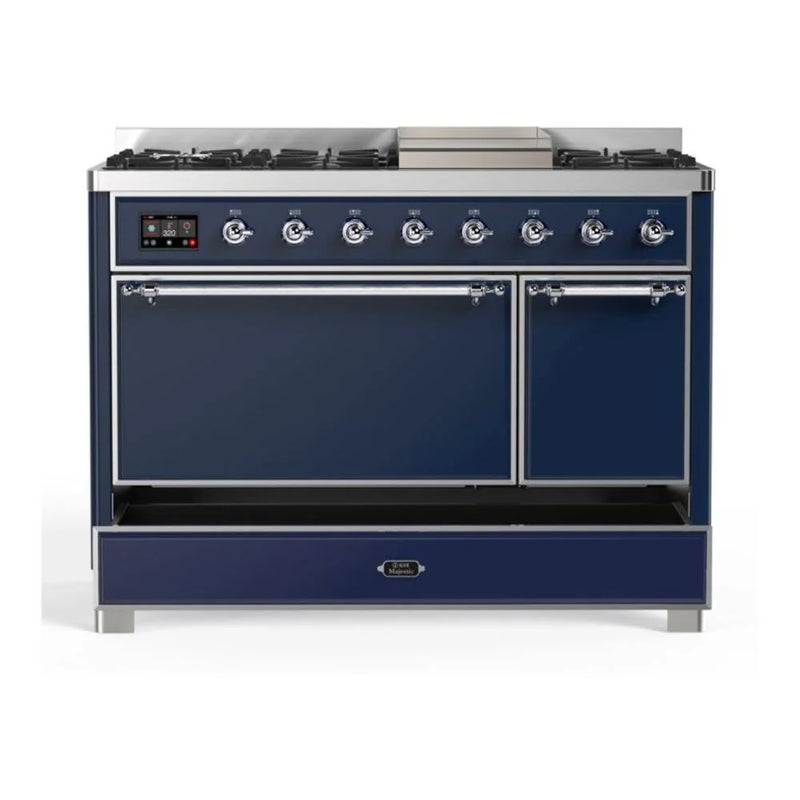 ILVE Majestic II 48" Dual Fuel Freestanding Range in Midnight Blue with Chrome Trim, UM12FDQNS3MBCLP