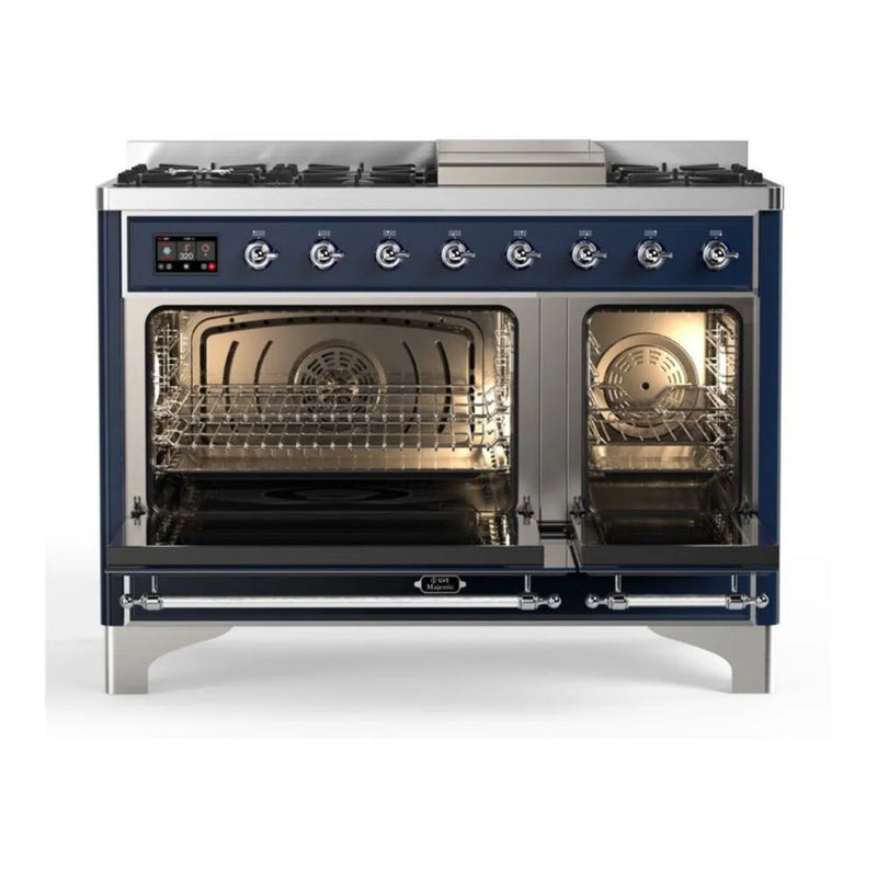 ILVE Majestic II 48" Dual Fuel Freestanding Range in Midnight Blue with Chrome Trim, UM12FDQNS3MBC