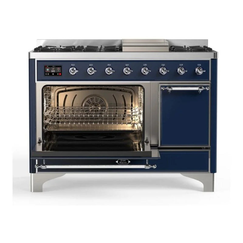 ILVE Majestic II 48" Dual Fuel Freestanding Range in Midnight Blue with Chrome Trim, UM12FDQNS3MBC