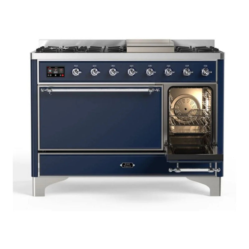 ILVE Majestic II 48" Dual Fuel Freestanding Range in Midnight Blue with Chrome Trim, UM12FDQNS3MBC