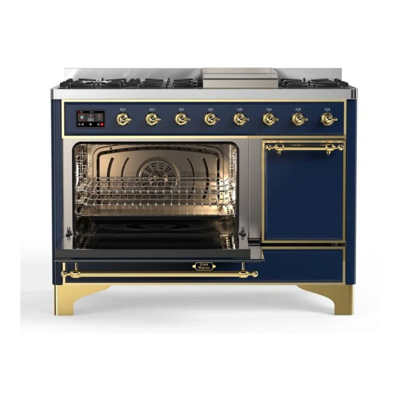 ILVE Majestic II 48" Dual Fuel Freestanding Range in Midnight Blue with Brass Trim, UM12FDQNS3MBGLP