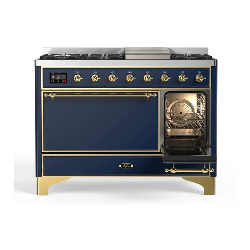 ILVE Majestic II 48" Dual Fuel Freestanding Range in Midnight Blue with Brass Trim, UM12FDQNS3MBGLP