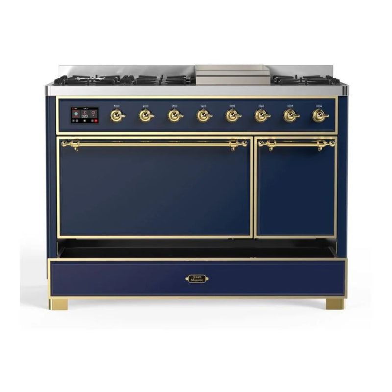ILVE Majestic II 48" Dual Fuel Freestanding Range in Midnight Blue with Brass Trim, UM12FDQNS3MBGLP