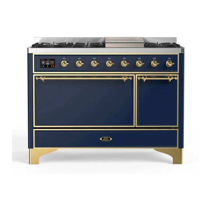 ILVE Majestic II 48" Dual Fuel Freestanding Range in Midnight Blue with Brass Trim, UM12FDQNS3MBG