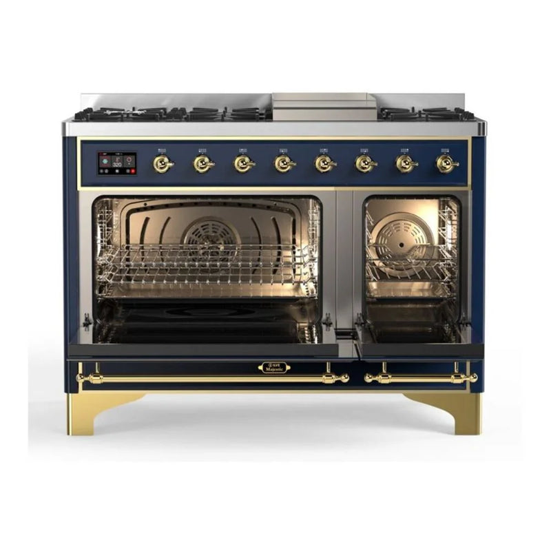 ILVE Majestic II 48" Dual Fuel Freestanding Range in Midnight Blue with Brass Trim, UM12FDQNS3MBG