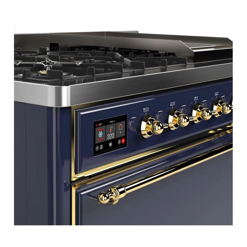 ILVE Majestic II 48" Dual Fuel Freestanding Range in Midnight Blue with Brass Trim, UM12FDQNS3MBG