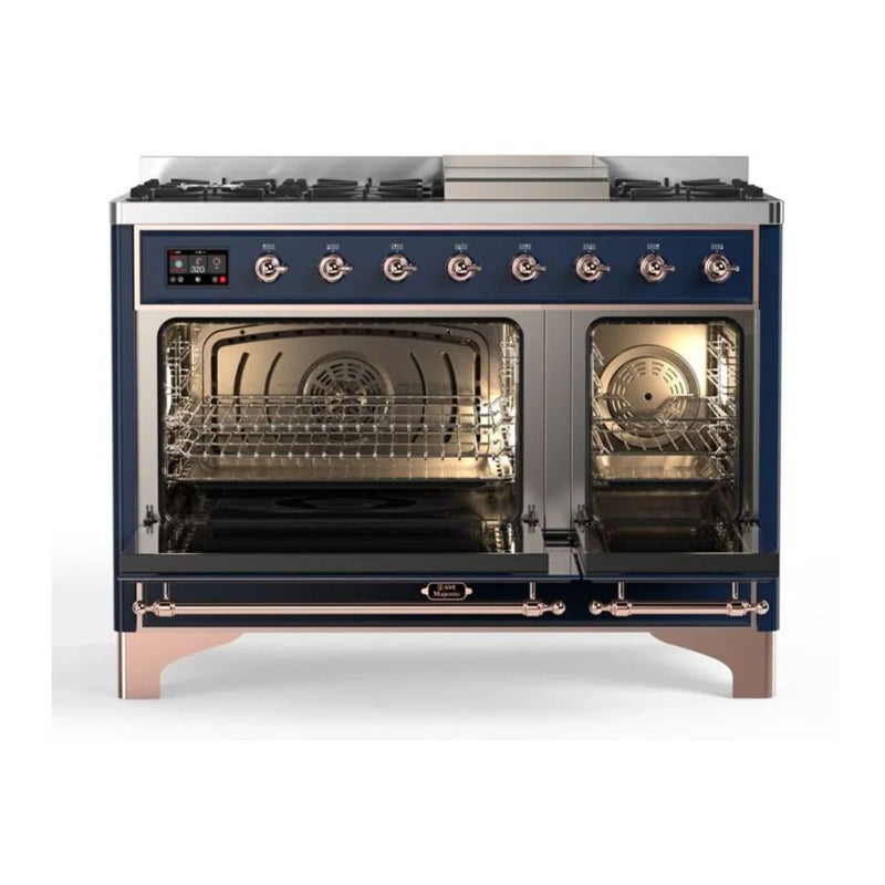 ILVE Majestic II 48" Dual Fuel Freestanding Range in Midnight Blue with Copper Trim, UM12FDQNS3MBPLP