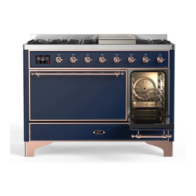 ILVE Majestic II 48" Dual Fuel Freestanding Range in Midnight Blue with Copper Trim, UM12FDQNS3MBPLP