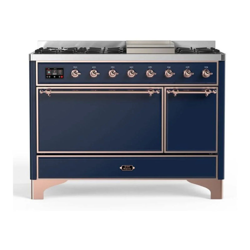ILVE Majestic II 48" Dual Fuel Freestanding Range in Midnight Blue with Copper Trim, UM12FDQNS3MBP