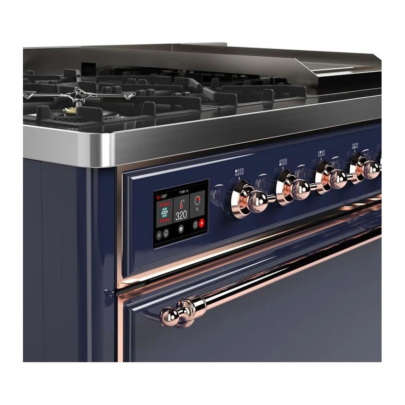 ILVE Majestic II 48" Dual Fuel Freestanding Range in Midnight Blue with Copper Trim, UM12FDQNS3MBP