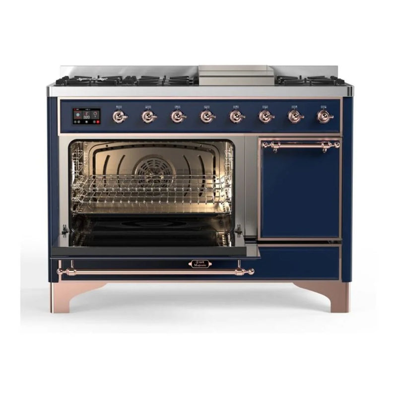 ILVE Majestic II 48" Dual Fuel Freestanding Range in Midnight Blue with Copper Trim, UM12FDQNS3MBP