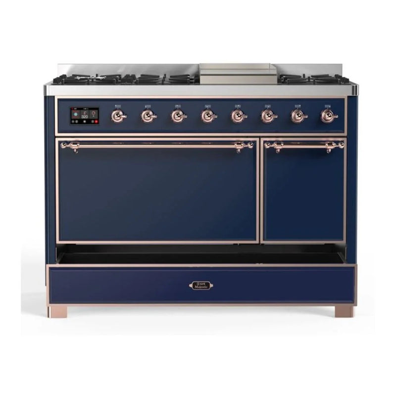 ILVE Majestic II 48" Dual Fuel Freestanding Range in Midnight Blue with Copper Trim, UM12FDQNS3MBP