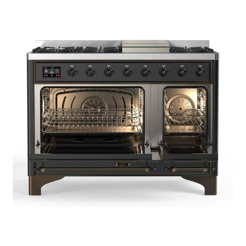 ILVE Majestic II 48" Dual Fuel Freestanding Range in Graphite Matte with Burnished Trim, UM12FDQNS3MGB