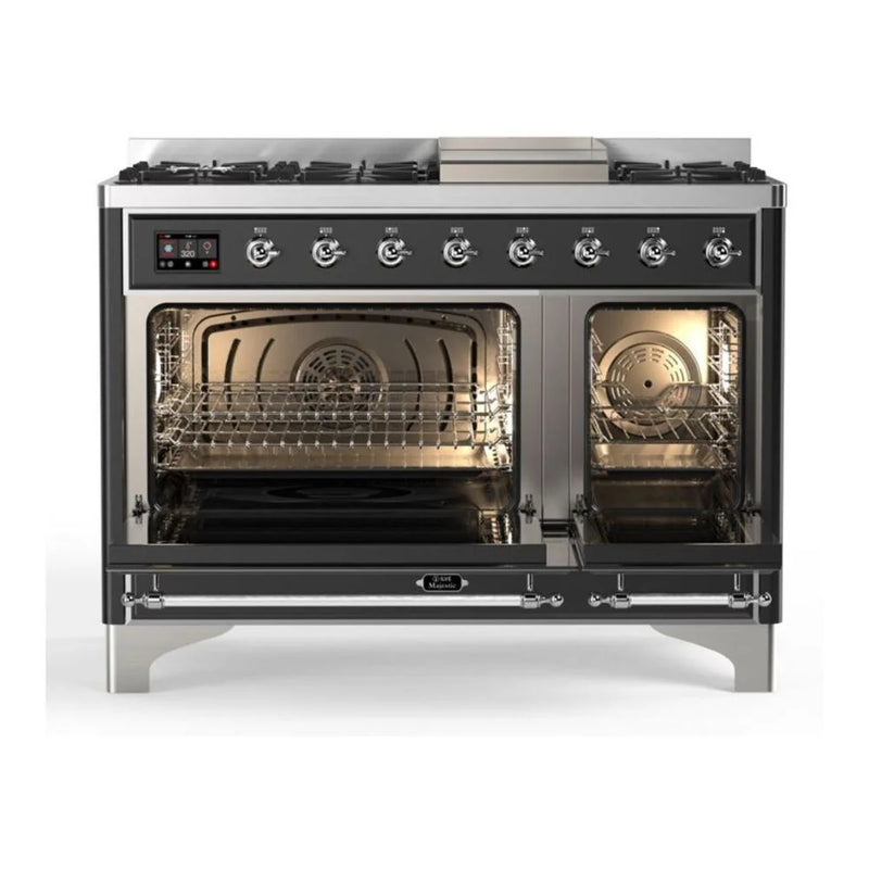 ILVE Majestic II 48" Dual Fuel Freestanding Range in Graphite Matte with Chrome Trim, UM12FDQNS3MGCLP