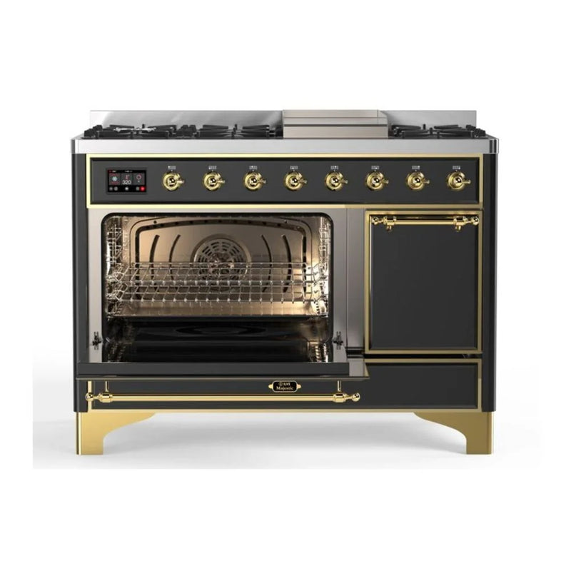 ILVE Majestic II 48" Dual Fuel Freestanding Range in Graphite Matte with Brass Trim, UM12FDQNS3MGGLP