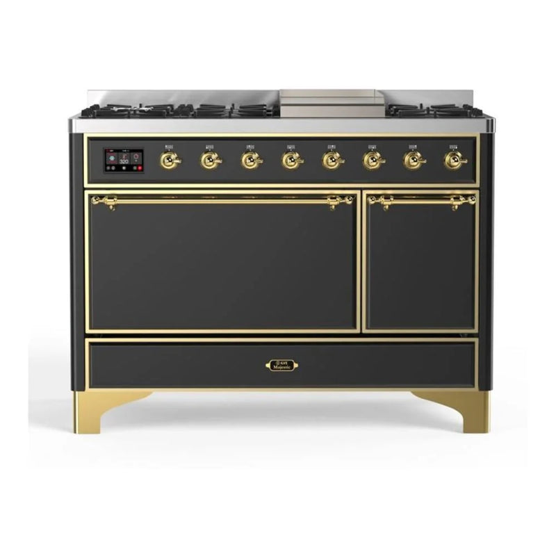 ILVE Majestic II 48" Dual Fuel Freestanding Range in Graphite Matte with Brass Trim, UM12FDQNS3MGG